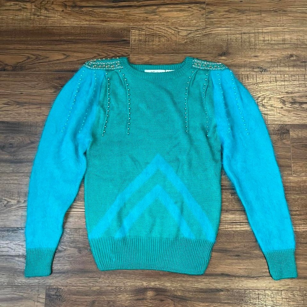 Vintage 80s Turquoise Blue Sweater Beaded Rabbit Hair Women Small Eclectic Retro